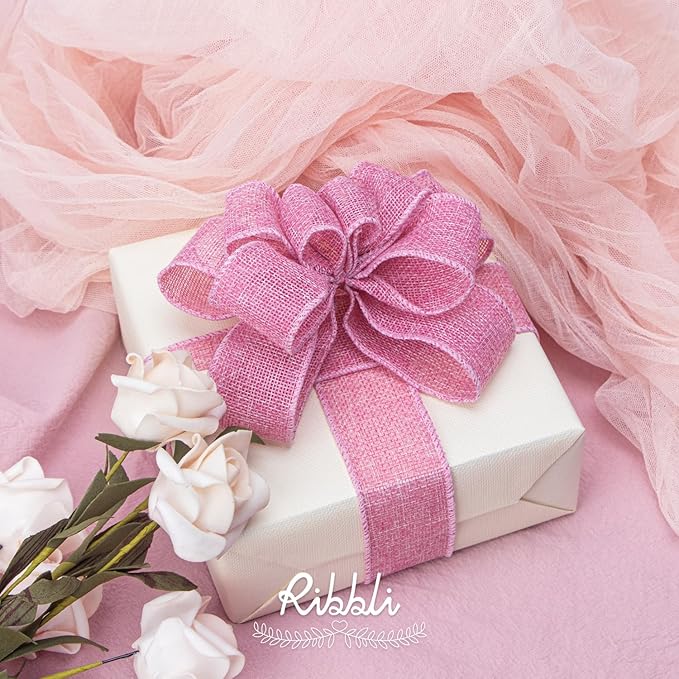 Ribbli Pink Burlap Valentine's Day Wired Ribbon, 1-1/2 Inch x 10 Yard, Easter - Image 2