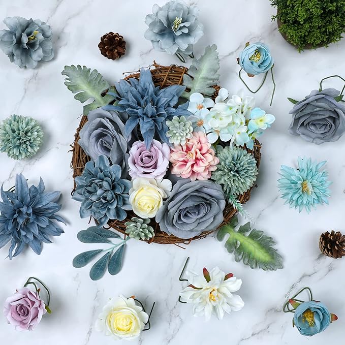 AmyHomie Blue Artificial Flowers Combo Silk Mix Peony Rose Hydrangea Fake - Image 4