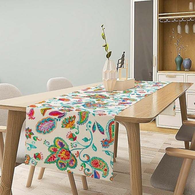 Paisley Table Runner, Watercolor Floral Oriental Indian Traditional Tulips - Image 2