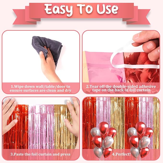 2 Pack Valentine Foil Fringe Backdrop Curtains, Tinsel Streamers Party - Image 3