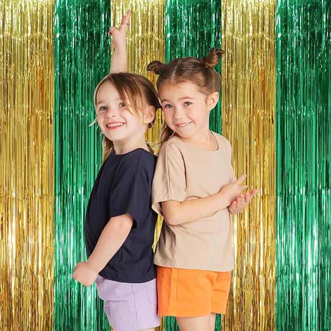 2 Pack Green and Gold Foil Fringe Backdrop Curtains, Tinsel Streamers Party - Image 5