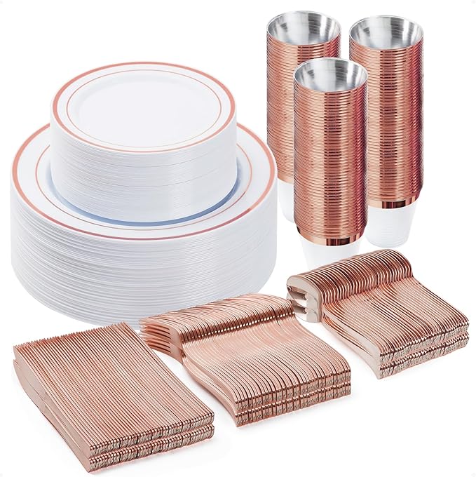 BESTVIP 300PCS Plastic Dinnerware Set, Rose Gold Disposable Plates by Bestvip