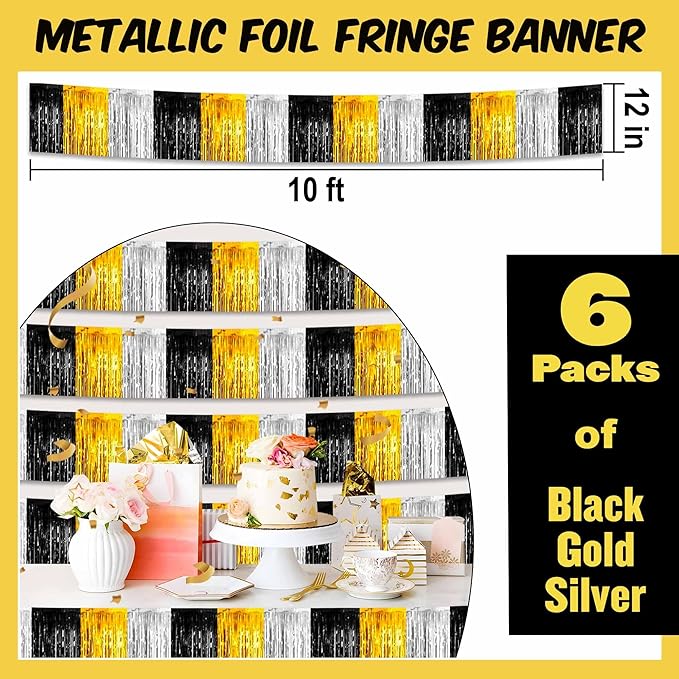 6 Pack 10 Ft Black Gold Silver Foil Fringe Garland Metallic Streamers Tinsel - Image 2