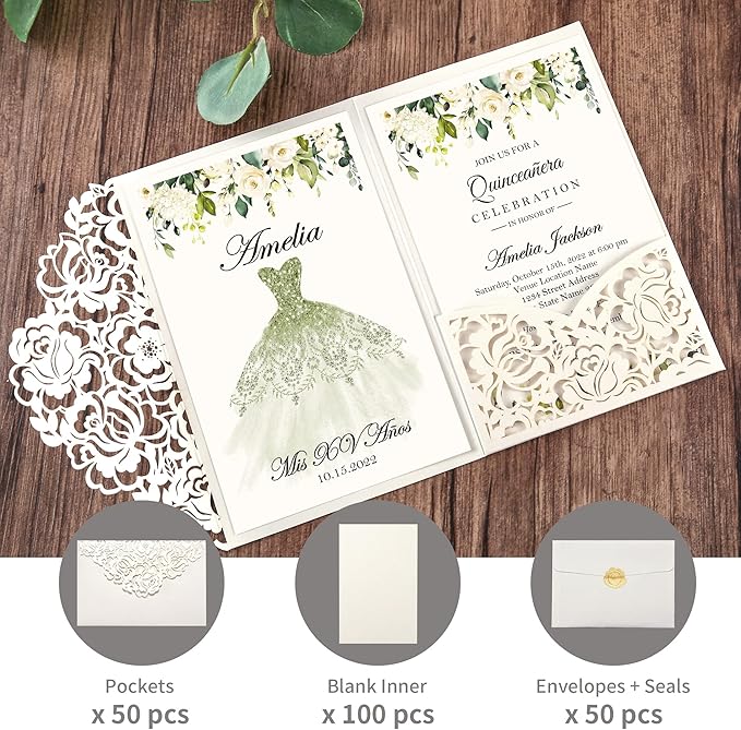 DORIS HOME 50pcs Laser Cut Quinceanera Invitations Green and Ivory White - Image 4
