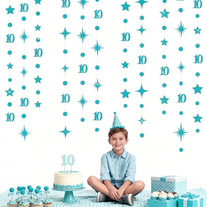 Teal Blue 10th Birthday Decorations Number 10 Circle Dot Star Garland Glitter - Image 3