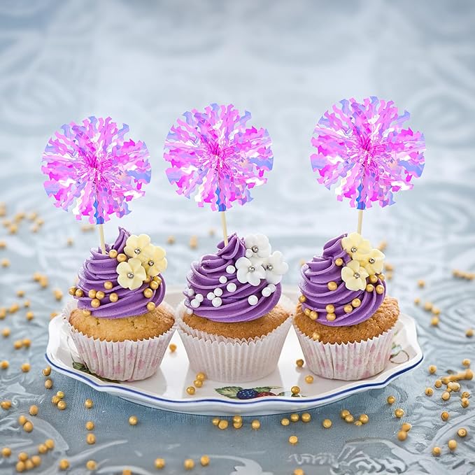Ephlyn 30Pcs Foil Firework Cupcake Toppers Happy Birthday Cake Toppers Tinsel - Image 7