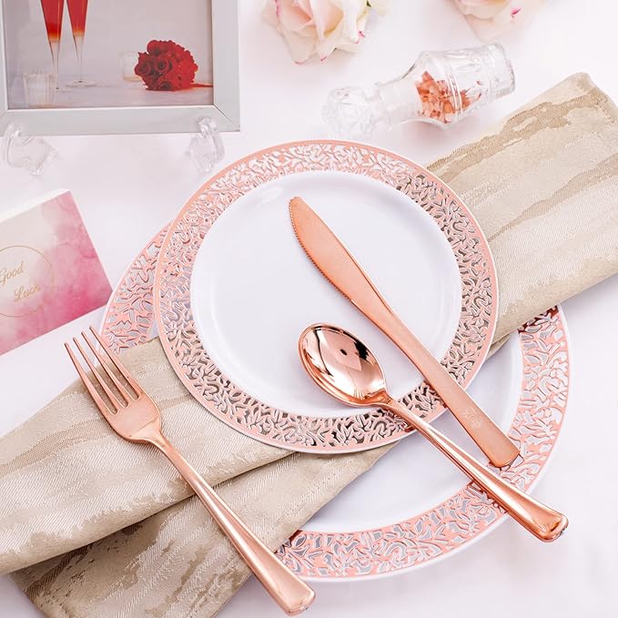 WELLIFE 175 Pieces Rose Gold Plastic Dinnerware, Rose Gold Dinnerware Set - Image 5