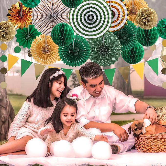Green and Gold Party Decorations, Pom Poms Flowers, Garland String Polka Dot - Image 5