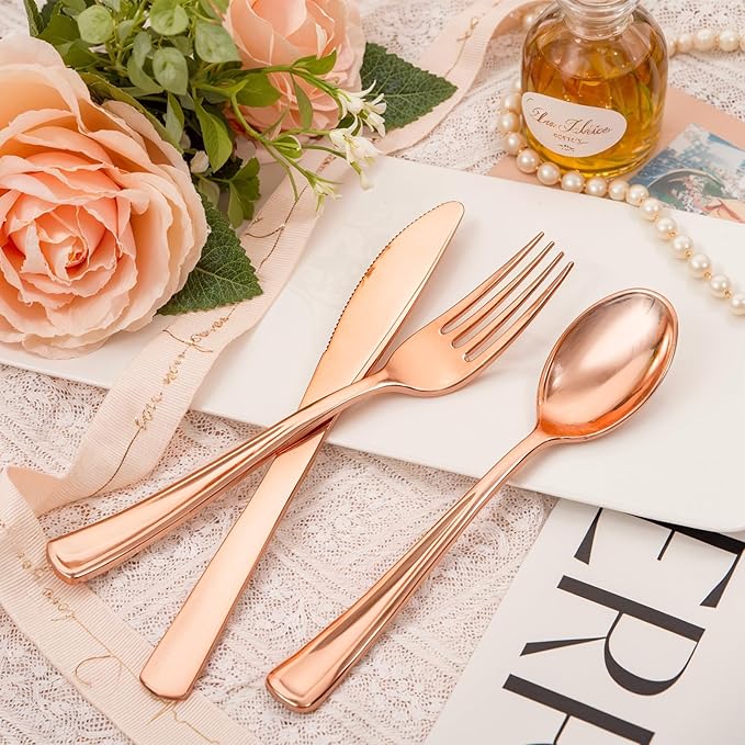 bUCLA 600PCS Rose Gold Plastic Silverware Set - Image 5