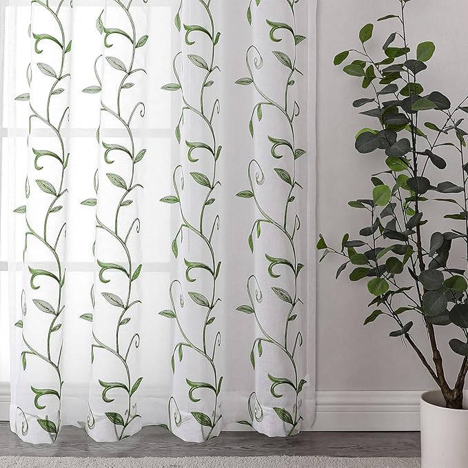 VISIONTEX Embroidered Green Sheer Voile Curtains, Leaves Embroidery Faux Linen - Image 6