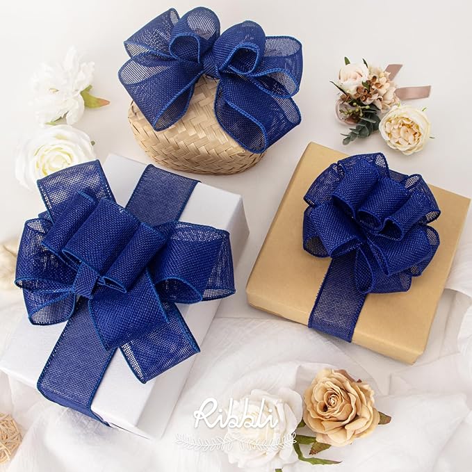 Ribbli Royal Blue Burlap Wired Ribbon, 1-1/2 Inch x 10 Yard, Dark Blue Wired - Image 5
