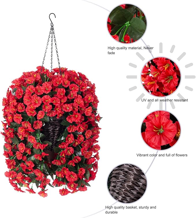 Artificial Fake Red Hanging Flowers Plants Baskets - Image 6