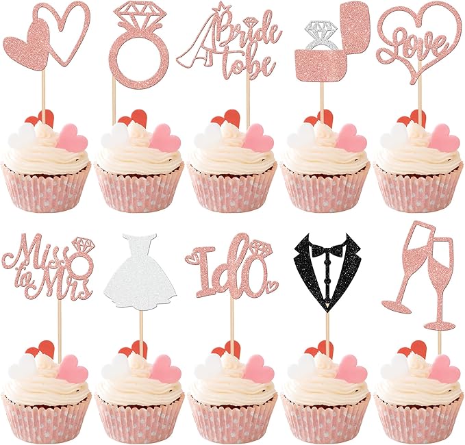 30 PCS Bride to Be Cupcake Toppers Glitter Miss to Mrs I Do Love Heart Ring by ZHUOWEISM