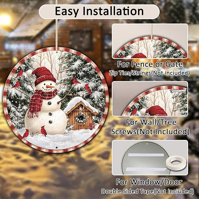 Round Christmas Metal Signs Vintage Snowman and Red Birds Tin Sign Metal Poster - Image 3