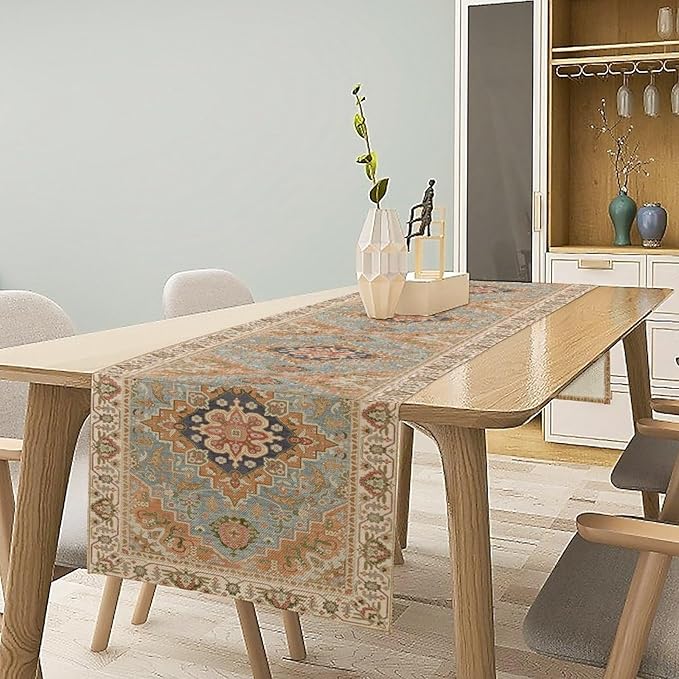 Vintage Boho Floral Table Runner, Rustic Country Farmhouse Grey Blue Orange - Image 3