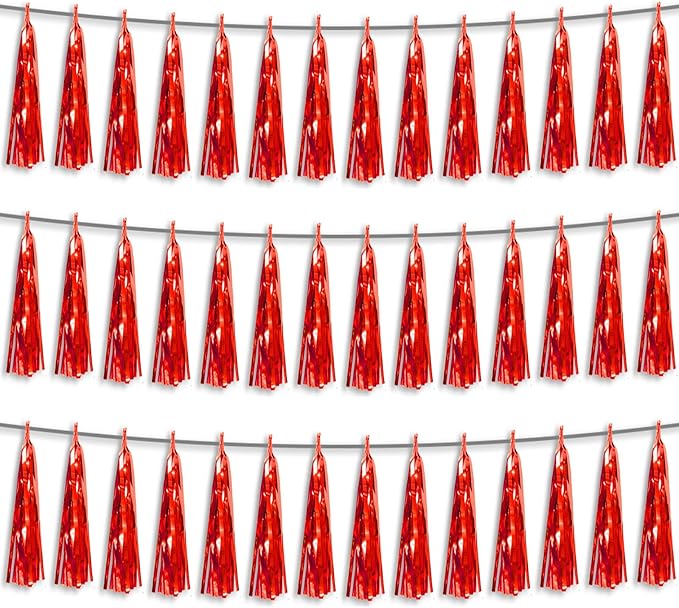 3P Red Foil Fringe Metallic Tassel Streamers Banner Tassel Garland by HYSILLA