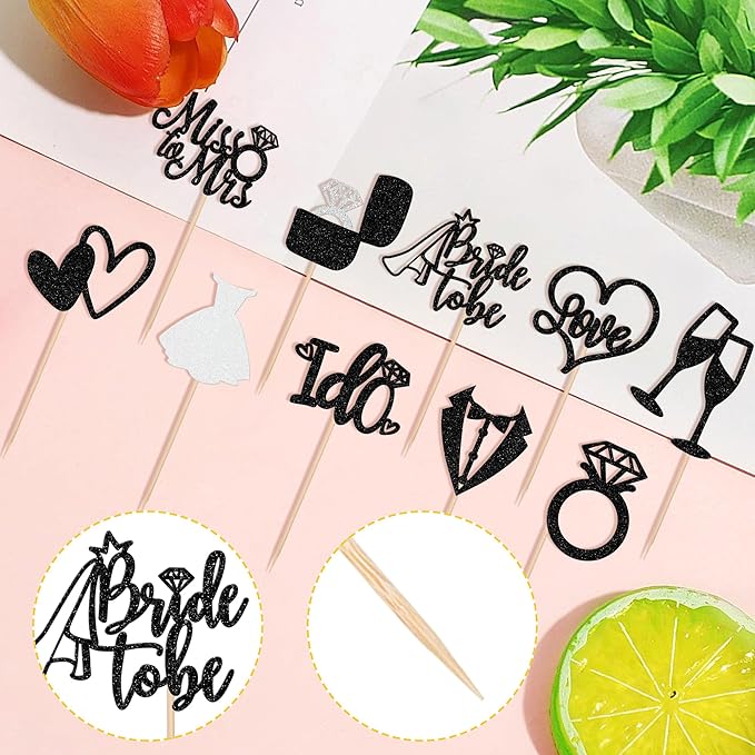 30 PCS Bride to Be Cupcake Toppers Glitter Miss to Mrs I Do Love Heart Ring - Image 3