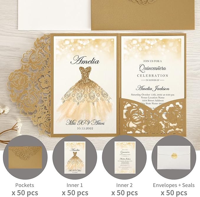 DORIS HOME 50pcs Laser Cut Quinceanera Invitations Gold, 4.7x7.1 Personalized - Image 4