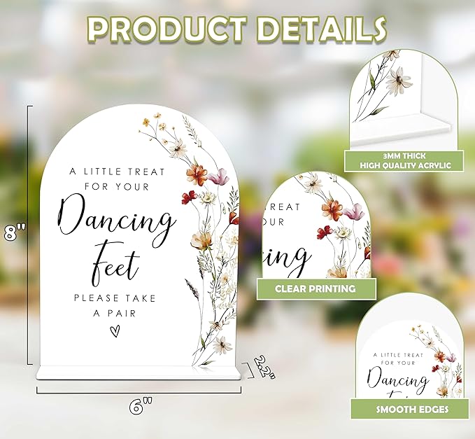 Boho Floral Dancing Feet Sign, 6 x 8 Inch White Arch Acrylic Wedding Sign - Image 2