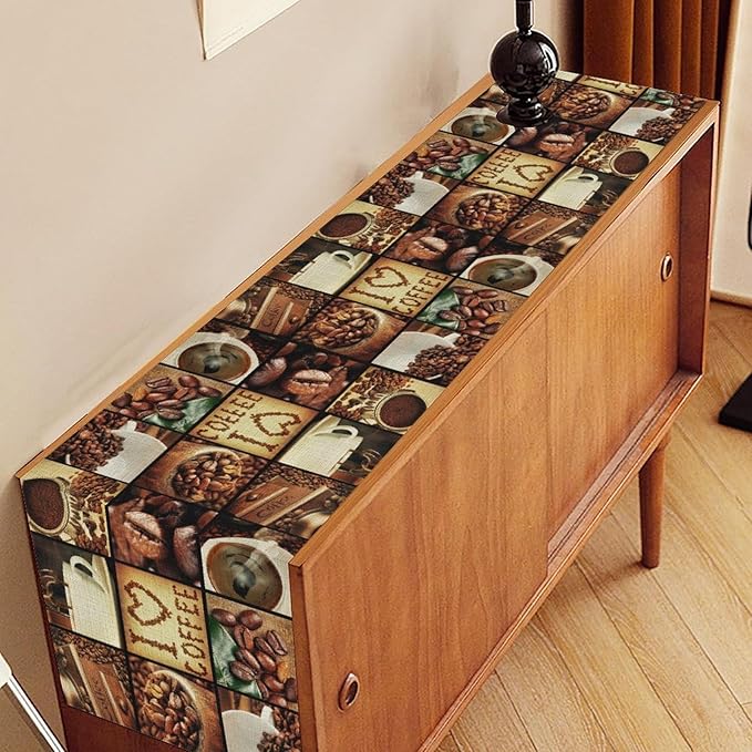Coffee Theme Table Runner, Retro Farmhouse Coffee Cup Latte Cappuccino Tea - Image 2