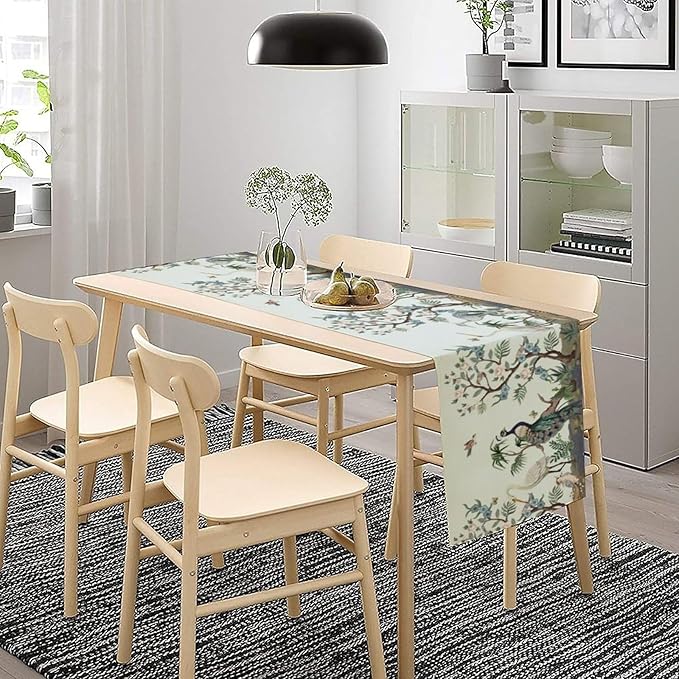 Peacock Table Runner, Retro Chinese Peonies Flowers Peacock Table Runner - Image 3