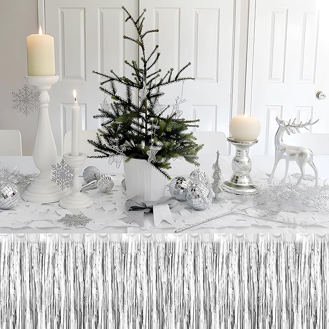 3 Pack 29x108 Inch Silver Foil Fringe Table Skirts Metallic Banner - Image 6
