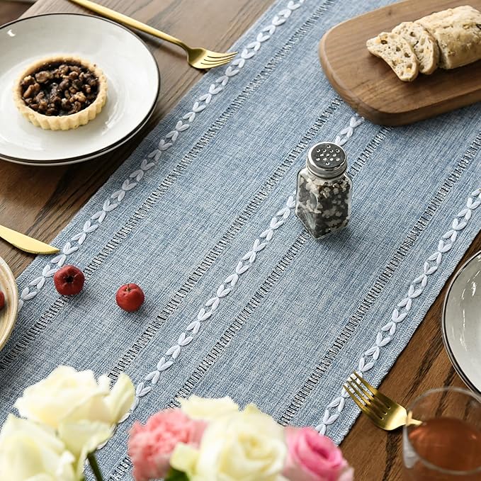 Artoid Mode Dusty Blue Cotton Linen Table Runner, Seasonal Rustic Embroidered - Image 4