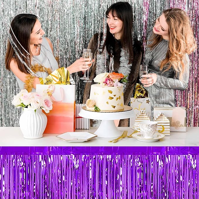3 Pack 29 x108 Inch Purple Foil Fringe Table Skirts Metallic Banner - Image 6
