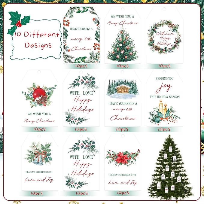 100PCS Christmas Gift Tags 10 Styles Watercolor Christmas Tree Pinecone Tags - Image 3