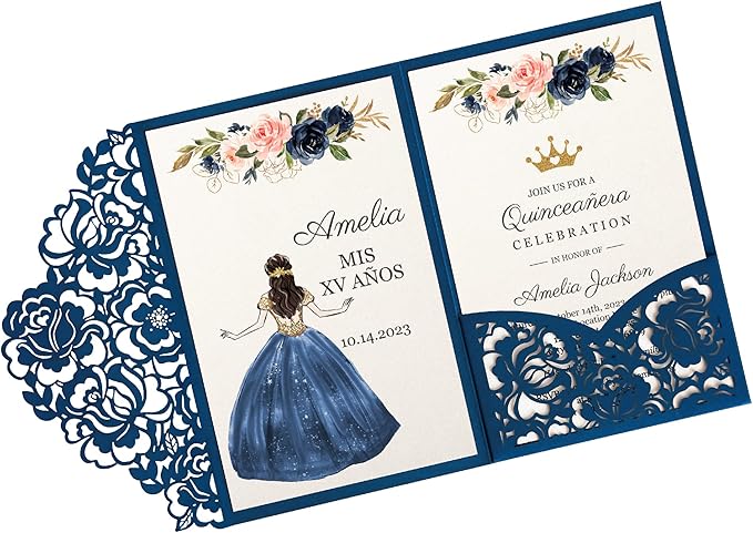 DORIS HOME 50pcs Laser Cut Quinceanera Invitations Blue, 4.7x7.1 Personalized by DorisHome