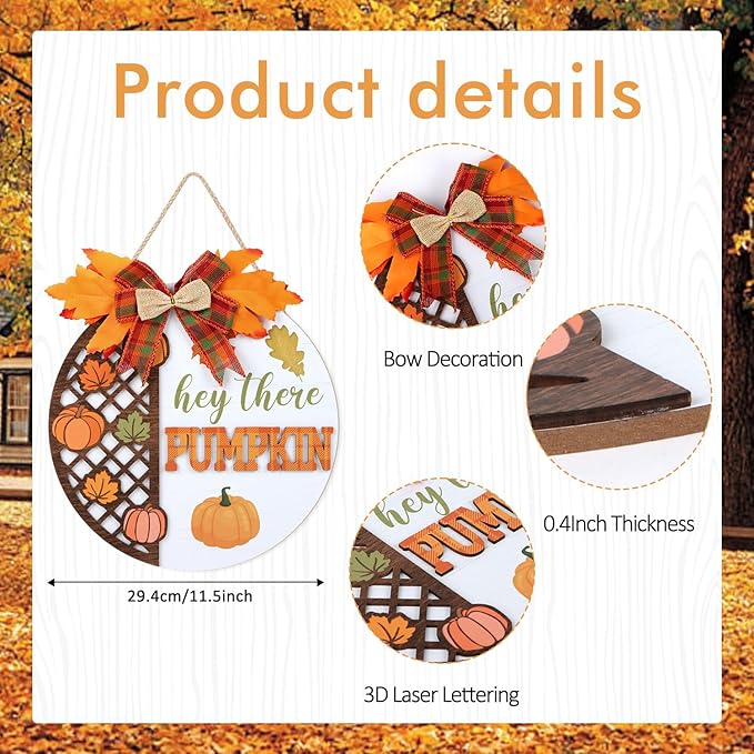 CHDITB Hey There Pumpkin Front Door Sign Wreath, Wooden 3D Hello Fall Autumn - Image 2