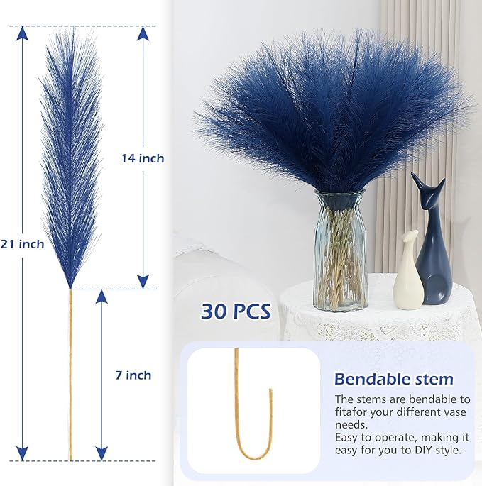 Blue Pampas Grass Decor 30 Pcs 21.7 Inch Faux Pampas Grass Bulk Artificial - Image 3