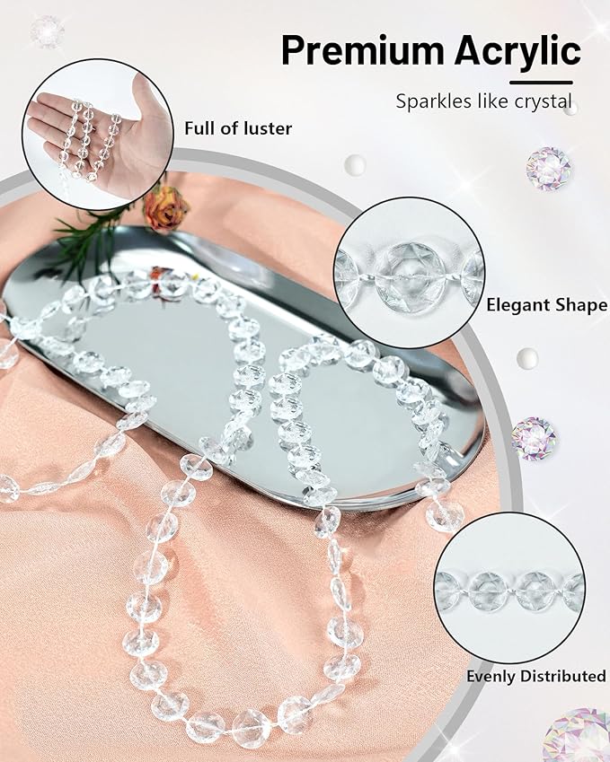 99FT Crystal Garland Strands, Acrylic Clear Crystal Beads String Roll, - Image 3