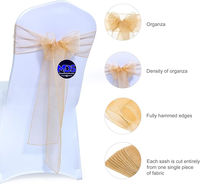 MDS Pack of 125 PCS Organza Chair Sashes Wider Dining Chair Bows Ribbon Tie Back - Image 2