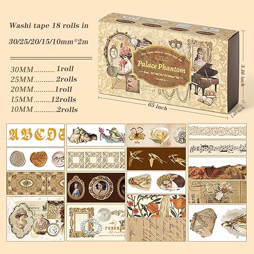 18 Rolls Vintage Victorian Washi Tape Set Journal Tape - Image 4