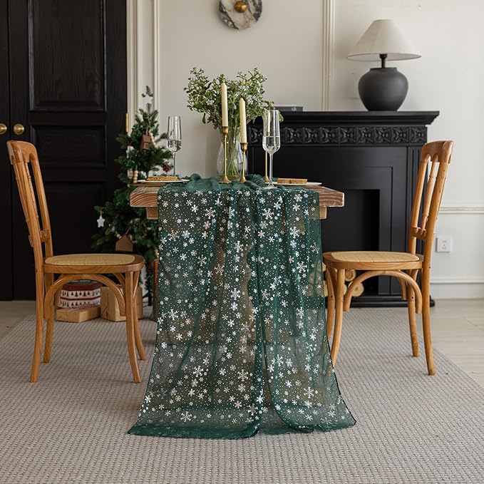 Silvery Snowflake Metallic Print Tulle Christmas Table Runner, Seasonal Winter - Image 4