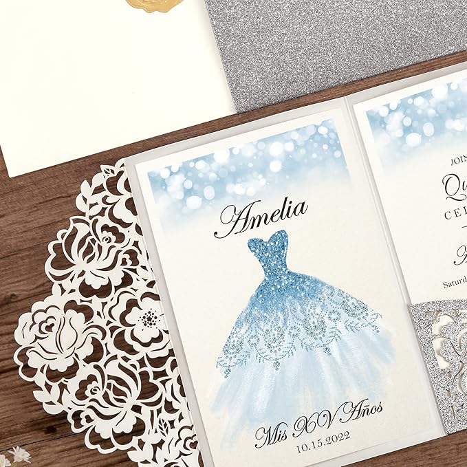 DORIS HOME 50pcs Laser Cut Quinceanera Invitations Silver Glitter, 4.7x7.1 - Image 7