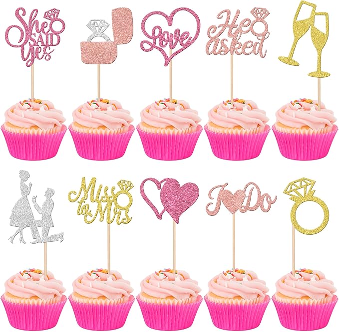 30 PCS He Asked She Said Yes Cupcake Toppers Glitter Miss to Mrs I Do Love by ZHUOWEISM