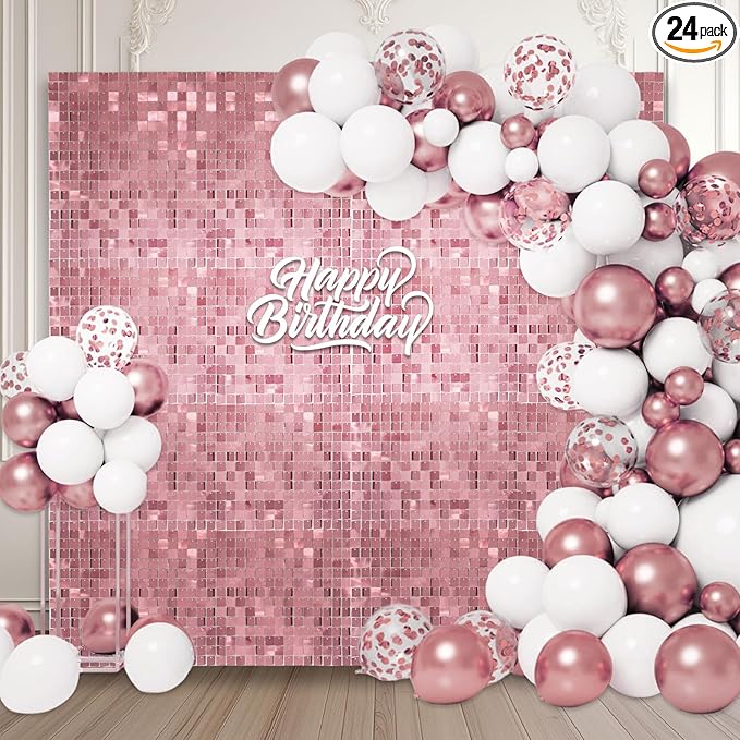 24PCS Pink Shimmer Wall Backdrop, Square Sequin Photo Backdrops Panel, Glitter by ZEBMOON