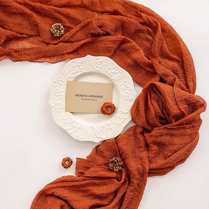 Keketo Fall Thanksgiving Table Runner Terracotta Rust Gauze 120 Inch 10 FT - Image 2