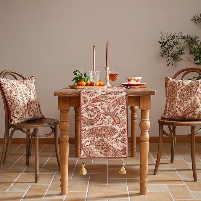 ISAENNE Designer Elegant Red Linen Table Runner 102 Inches Long, Vintage - Image 2