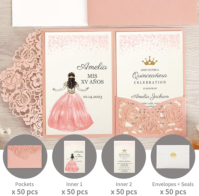 DORIS HOME 50pcs Laser Cut Quinceanera Invitations Pink, 4.7x7.1 Personalized - Image 4