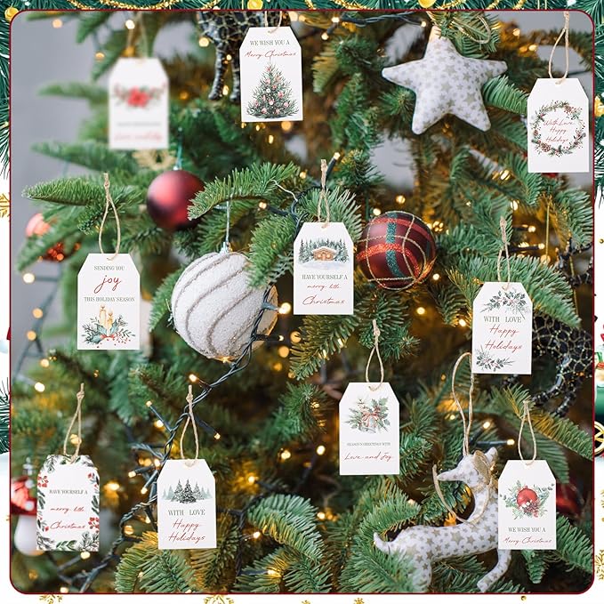 100PCS Christmas Gift Tags 10 Styles Watercolor Christmas Tree Pinecone Tags - Image 5