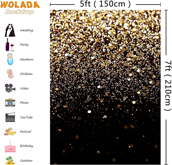 WOLADA Black and Gold Backdrop Golden Glitter Backdrop - Image 3