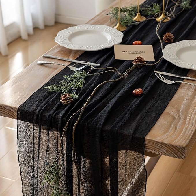 6pcs Halloween Table Runner Black Cheesecloth Gauze Rustic Premium Cotton by KEKETOARRANGE