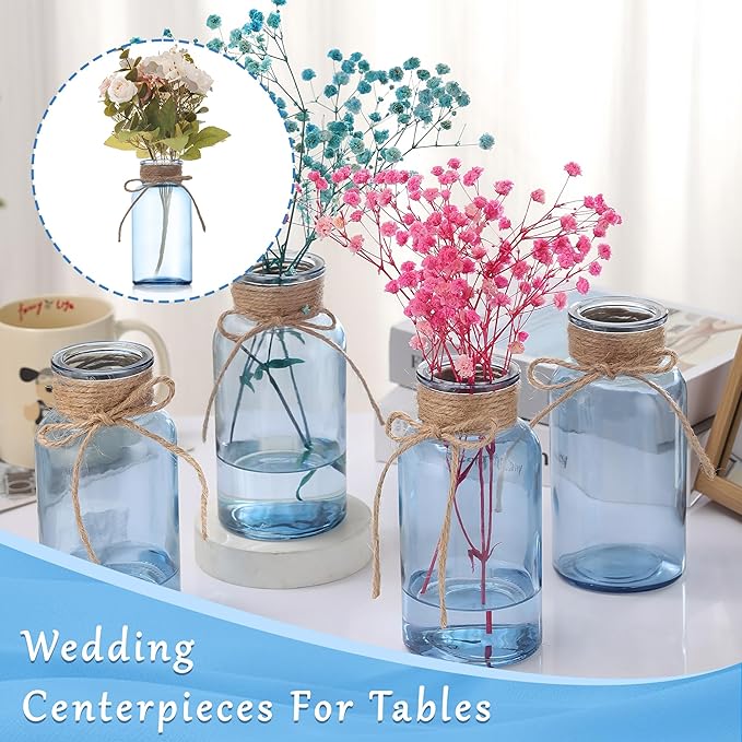 Blue Glass Flower Vases for Centerpieces Set of 12, Mason Jars Boho Cylinder - Image 2