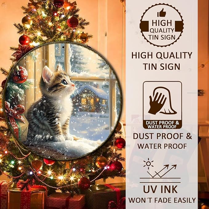 Round Christmas Sign Cats Vintage Metal Sign Christmas Kitten Retro Tin Sign - Image 4