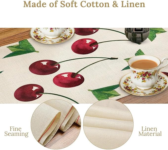 Red Cherry Table Runner Watercolor Tropical Fruit Spring Summer Wild Berry - Image 5