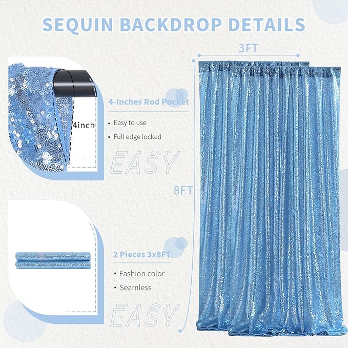 Birthday Backdrop Curtain Baby Blue Sequin Backdrop Drapes 6x8FT Shimmer Photo - Image 3