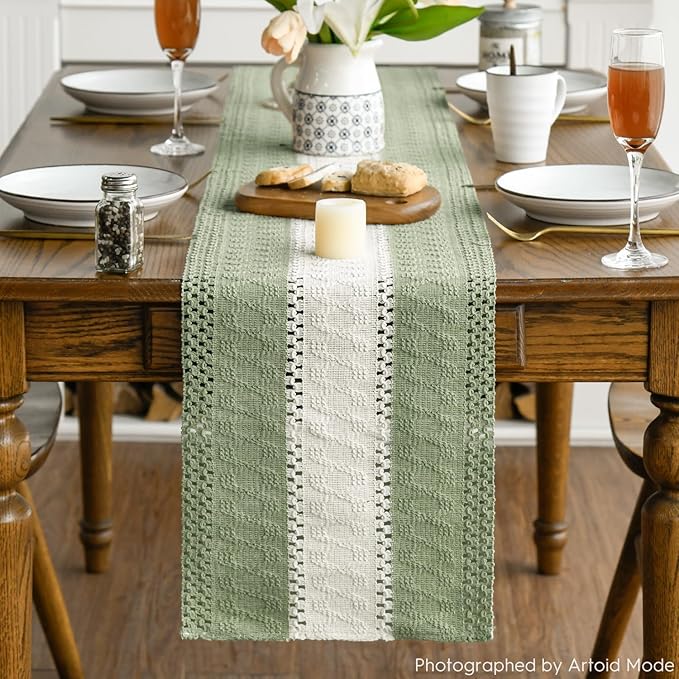 Artoid Mode Light Green Farmhouse Rustic Table Runner, Seasonal Hollow Kitchen - Image 2